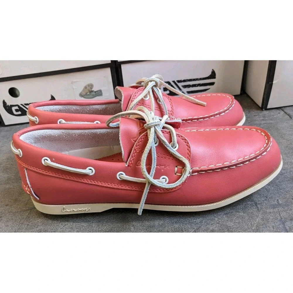 Canoos Golf Shoes Women's 9.5 Coral Pink & White Leather Boat Loafers Cleats